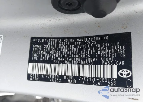 2022 Toyota Corolla Le from USA, damaged, VIN 5YFEPMAE4NP306523